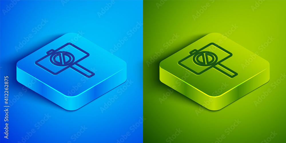 Isometric line Protest icon isolated on blue and green background. Meeting, protester, picket, speech, banner, protest placard, petition, leader, leaflet. Square button. Vector. Isometric line Protest icon isolated on blue and green background. Meeting, protester, picket, speech, banner, protest placard, petition, leader, leaflet. Square button. Vector.
