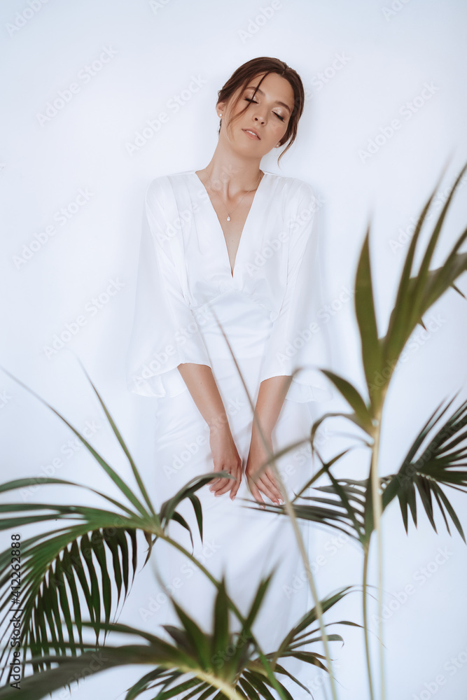 Beautiful sophisticated bride in a wedding dress in a bright room Beautiful sophisticated bride in a wedding dress in a bright room