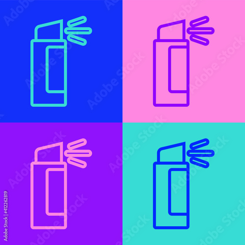Pop art line Pepper spray icon isolated on color background. OC gas. Capsicum self defense aerosol. Vector.