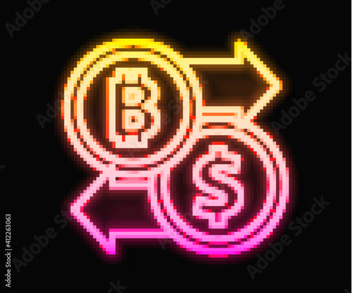 Glowing neon line Cryptocurrency exchange icon isolated on black background. Bitcoin to dollar exchange icon. Cryptocurrency technology, mobile banking. Vector.