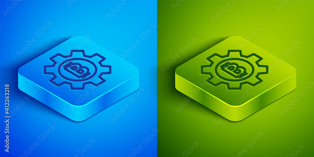 Isometric line Cryptocurrency coin Bitcoin icon isolated on blue and green background. Gear and Bitcoin setting. Blockchain based secure crypto currency. Square button. Vector. Isometric line Cryptocurrency coin Bitcoin icon isolated on blue and green background. Gear and Bitcoin setting. Blockchain based secure crypto currency. Square button. Vector.