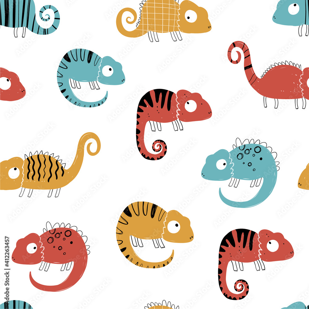 Vector hand-drawn colored childish seamless repeating simple flat pattern with chameleons in scandinavian style on a white background. Cute baby animals. Pattern for kids with chameleon. Lizard.