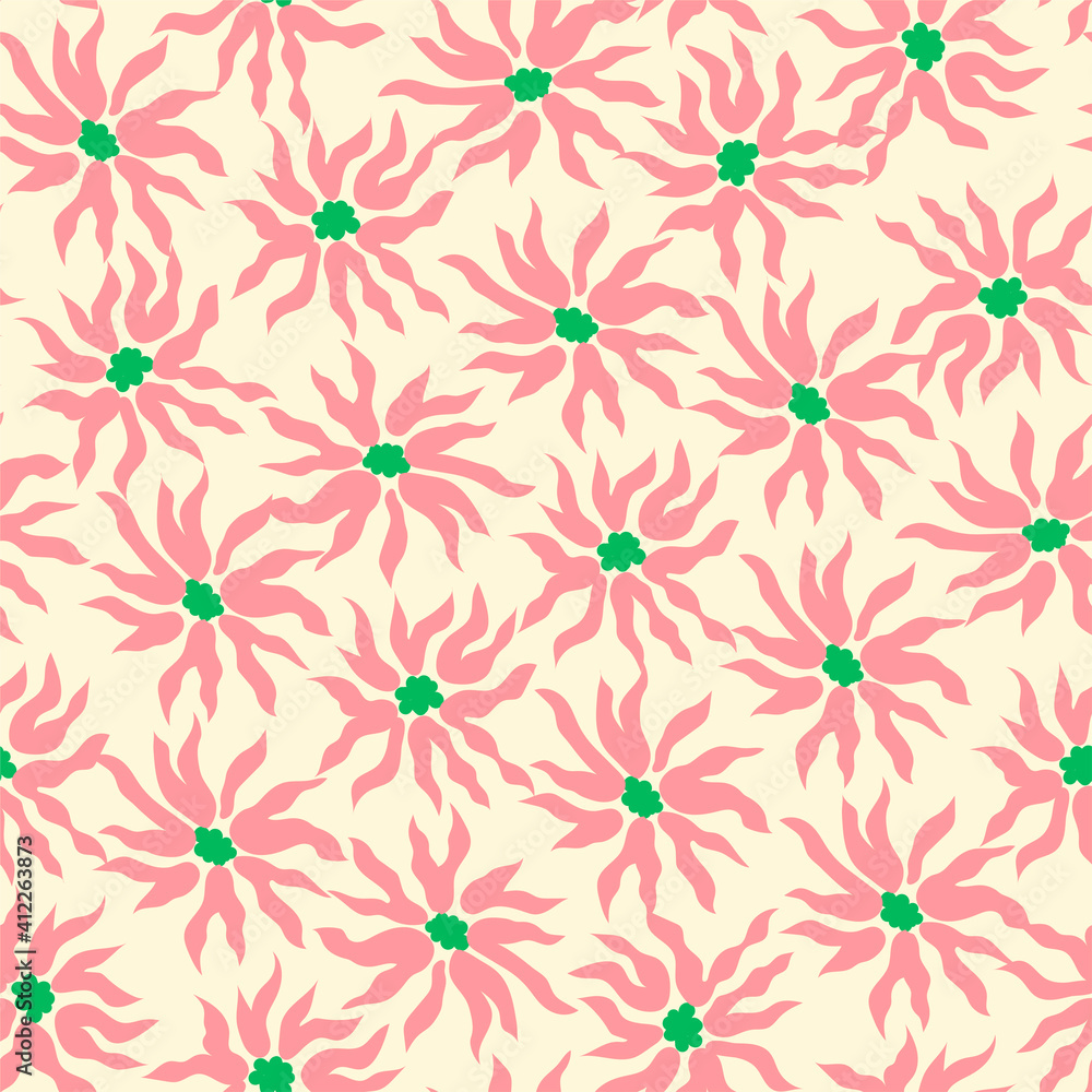 Floral seamless pattern in minimalistic style with light pink background. Flower repeated texture for stylish fabric design or wrapping paper. Floral seamless pattern in minimalistic style with light pink background. Flower repeated texture for stylish fabric design or wrapping paper.