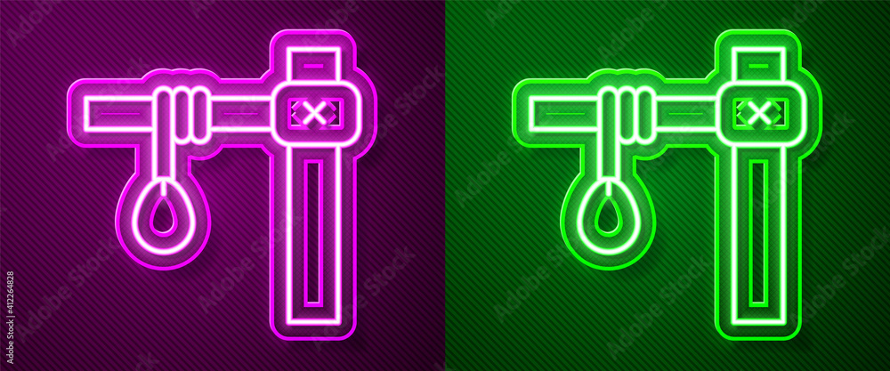 Glowing neon line Gallows rope loop hanging icon isolated on purple and green background. Rope tied into noose. Suicide, hanging or lynching. Vector. Glowing neon line Gallows rope loop hanging icon isolated on purple and green background. Rope tied into noose. Suicide, hanging or lynching. Vector.