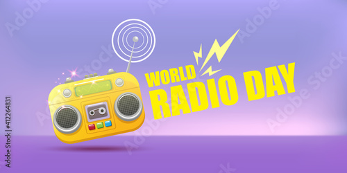 World radio day horizontal banner with vintage old orange cassette stereo player isolated on violet background. Cartoon funky hipster Radio day banner or poster
