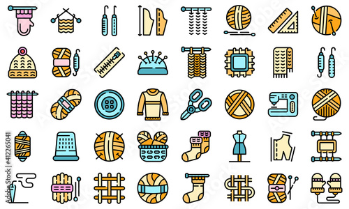 Knitting icons set. Outline set of knitting vector icons thin line color flat on white