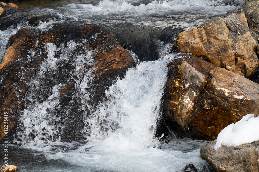 Naklejka premium a mountain creek in the spring with water of melting snow