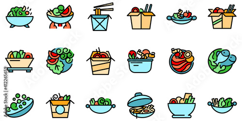 Wok menu icons set. Outline set of wok menu vector icons thin line color flat on white