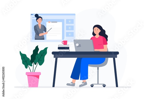 A young woman is watching video lessons. Online education, e-learning, studying at home. Vector flat illustration.