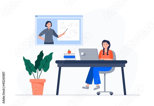 A little girl is watching video lessons. Online education, e-learning, studying at home. Vector flat illustration.