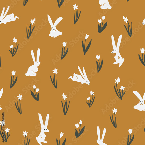 Rabbits and spring flowers vector seamless pattern on yellow background for kids - for fabric, wrapping, textile, wallpaper, background.