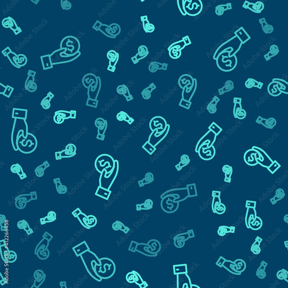 Green line Human hand giving money icon isolated seamless pattern on blue background. Receiving money icon. Vector. Green line Human hand giving money icon isolated seamless pattern on blue background. Receiving money icon. Vector.
