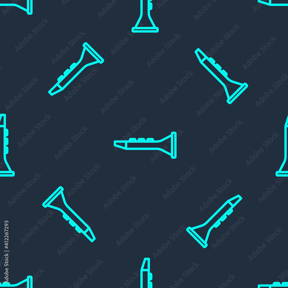 Green line Clarinet icon isolated seamless pattern on blue background. Musical instrument. Vector. Green line Clarinet icon isolated seamless pattern on blue background. Musical instrument. Vector.