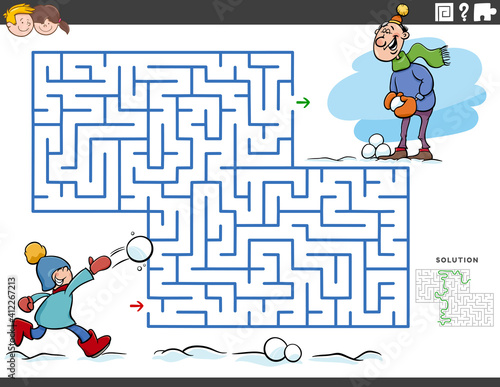 maze educational game with boy and dad on winter time