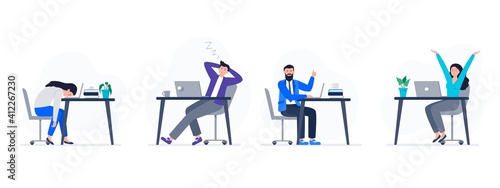 Concepts with people at work. Women and men are working with different emotions. Tired and energetic workers. Vector flat illustration.