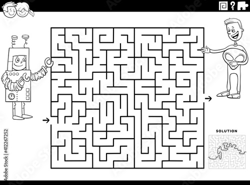 maze game with boys at costume party coloring book page