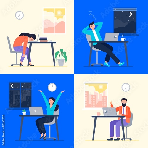 People work at day and night. Women and men are working in different time. Working at home, telework, freelance. Vector flat illustration.