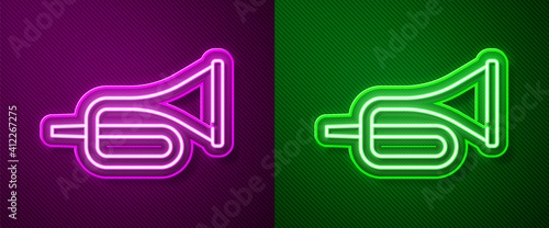 Glowing neon line Musical instrument trumpet icon isolated on purple and green background. Vector.