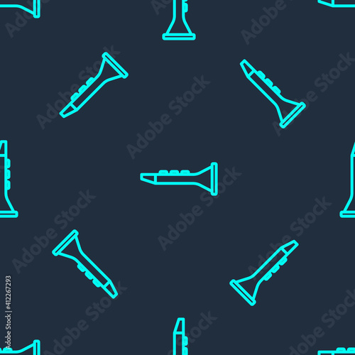 Green line Clarinet icon isolated seamless pattern on blue background. Musical instrument. Vector.