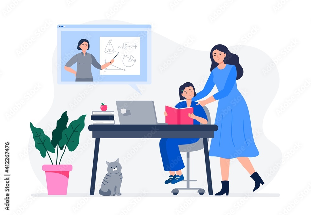 A mother helps her child do homework. Online education, schooling, courses, homework, quarantine. Flat style cartoon vector illustration. A mother helps her child do homework. Online education, schooling, courses, homework, quarantine. Flat style cartoon vector illustration.