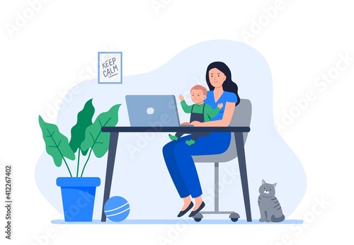 Calm woman works and spends time with her child. Working at home, telework, freelance. Vector flat illustration.