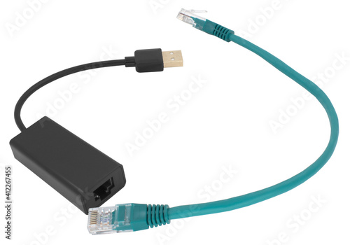 Usb to ethernet connector adapter isolated over the white