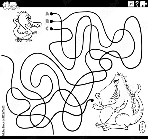 line maze with cartoon baby dragon with mother coloring book page