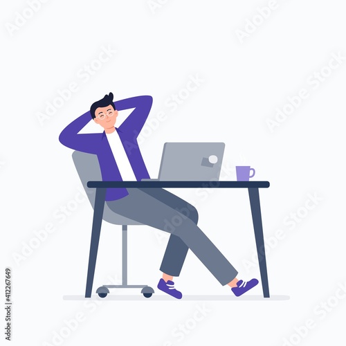 Businessman falling asleep at his work. Procrastination. working at home or office, telework, freelance. Vector flat illustration.