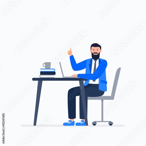Happy businessman at work. Productivity at work, working at home or office, telework, freelance. Vector flat illustration.