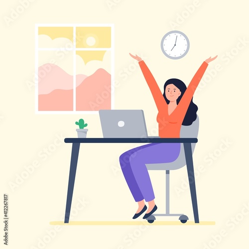 A energy woman starts work at morning. Working at home, telework, freelance. Vector flat illustration.