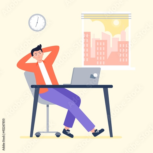 A tired man starts work at morning. Working at home, telework, freelance. Vector flat illustration.