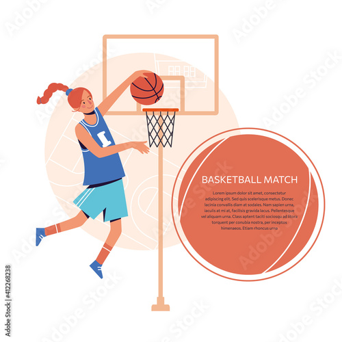 Sports banner design in flat style. A woman plays basketball. Basketball match. Girl scores a ball into the basket. Vector