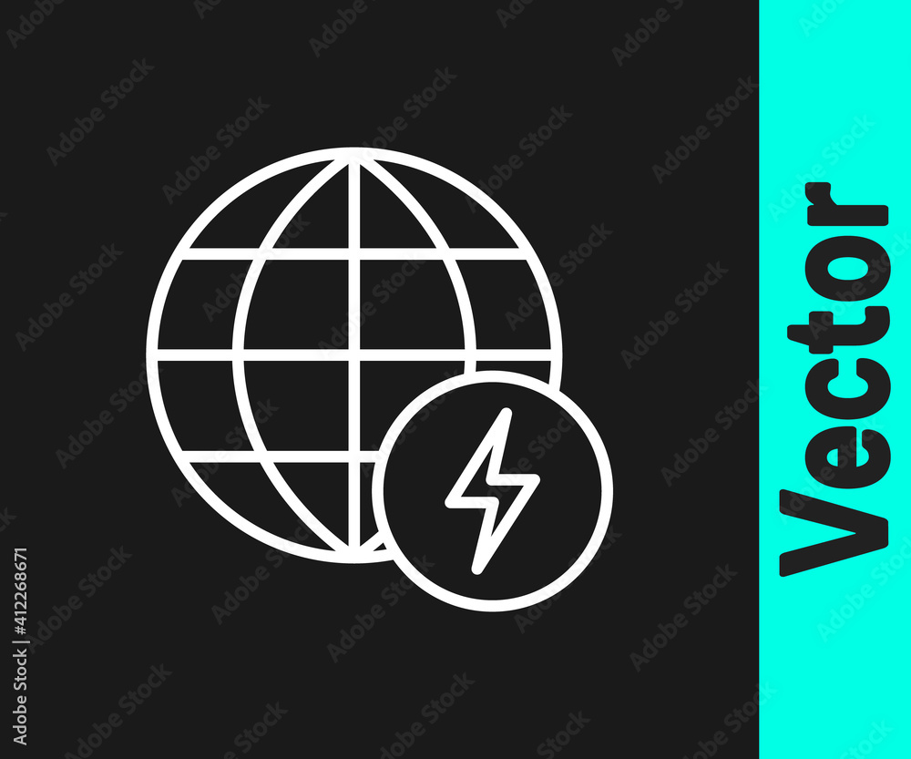 White line Global energy power planet with flash thunderbolt icon isolated on black background. Ecology concept and environmental. Vector. White line Global energy power planet with flash thunderbolt icon isolated on black background. Ecology concept and environmental. Vector.