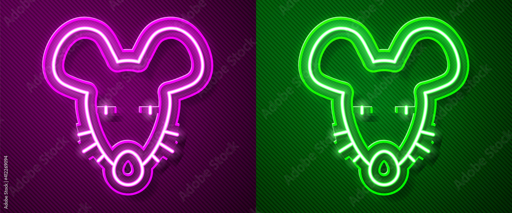 Glowing neon line Experimental mouse icon isolated on purple and green background. Vector. Glowing neon line Experimental mouse icon isolated on purple and green background. Vector.