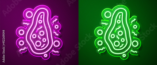 Glowing neon line Bacteria icon isolated on purple and green background. Bacteria and germs, microorganism disease causing, cell cancer, microbe, virus, fungi. Vector.