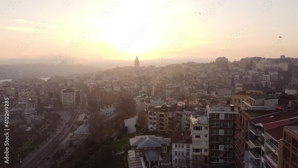 Sunset and evening in Istanbul, Turkey. View of Galata Tower. High quality FullHD footage Sunset and evening in Istanbul, Turkey. View of Galata Tower. High quality FullHD footage