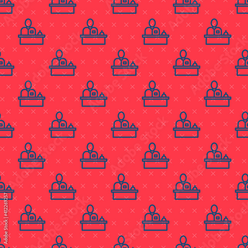 Blue line Receptionist standing at hotel reception desk icon isolated seamless pattern on red background. Vector.