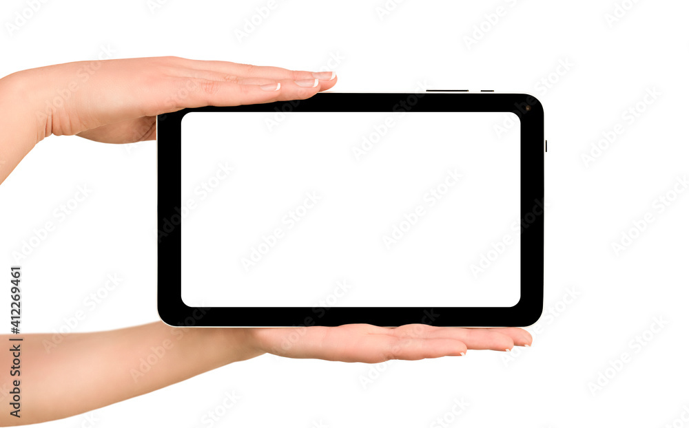 tablet computer in female hands on isolated white background tablet computer in female hands on isolated white background