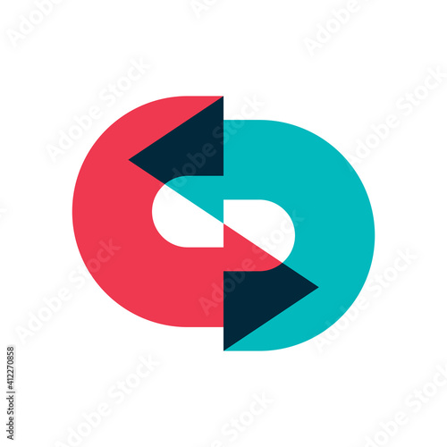 Logo of two arrows moving in a circle one after the other with overlapping. Color image of multi-colored arrows, designation of a circular movement. Isolated vector on white background.