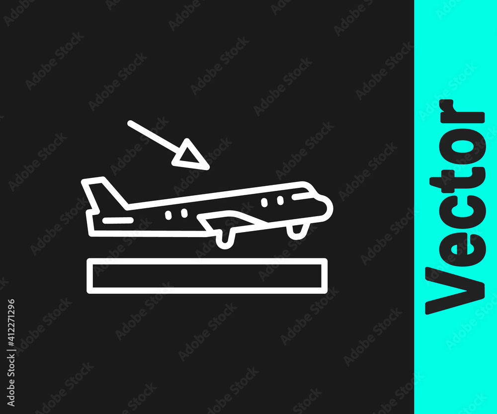White line Plane landing icon isolated on black background. Airplane transport symbol. Vector.