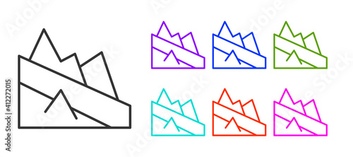 Black line Mountain descent icon isolated on white background. Symbol of victory or success concept. Set icons colorful. Vector.