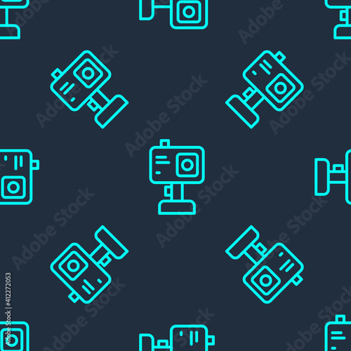 Green line Action extreme camera icon isolated seamless pattern on blue background. Video camera equipment for filming extreme sports. Vector.