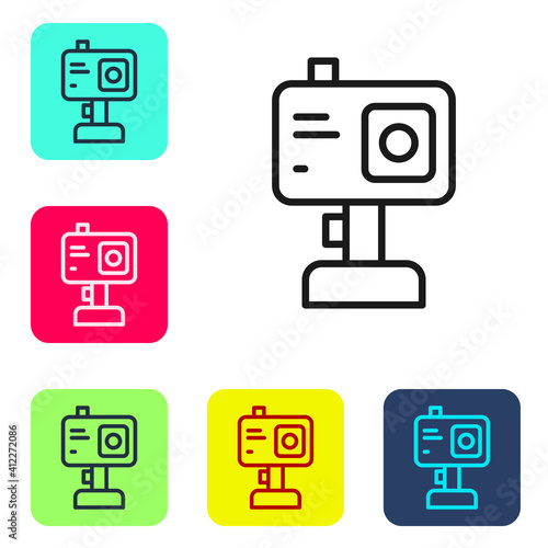 Black line Action extreme camera icon isolated on white background. Video camera equipment for filming extreme sports. Set icons in color square buttons. Vector.