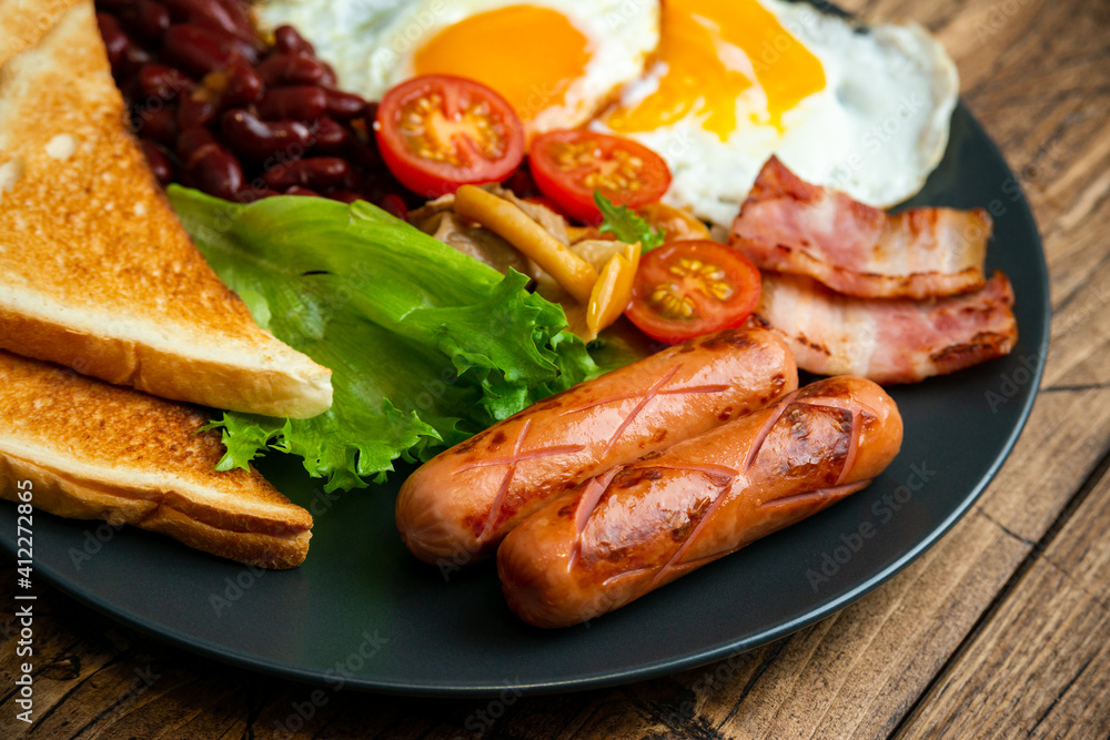 Rustical breakfast eggs, sausages, vegetables Rustical breakfast eggs, sausages, vegetables