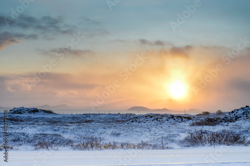 Northern sunset on an icy land