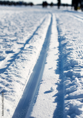 Cross-country skiing tracks and trail in the snow on a sunny winter day. Photo taken in Sweden. © Susie Hedberg
