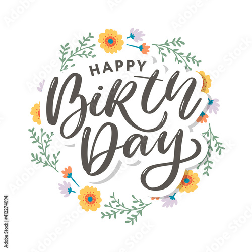 Beautiful happy birthday greeting card with flowers and bird. Vector party invitation with floral elements.