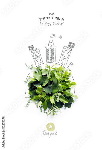 Environmentally friendly planet.Symbolic earth globe, made of green grass and branches with hand drawn cartoon cityscape sketch, houses with solar panels.
Green energy electricity concept. Minimal nat