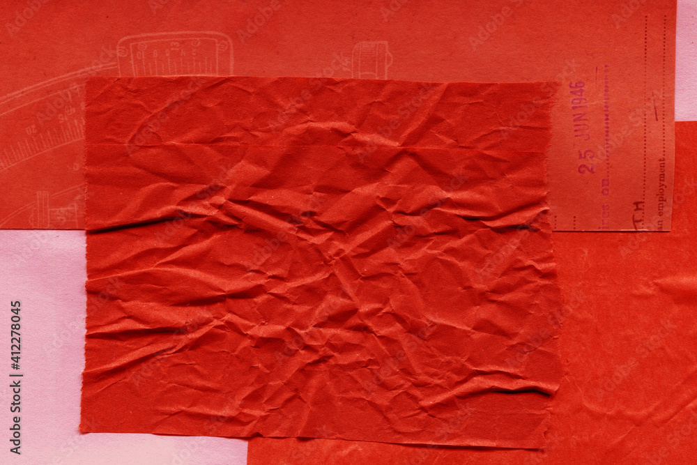 Red and brown torn paper collage close-up. Texture made from various paper and cardboard parts. Damaged old paper background. Vintage blank wallpaper. Material design backdrop. Red and brown torn paper collage close-up. Texture made from various paper and cardboard parts. Damaged old paper background. Vintage blank wallpaper. Material design backdrop.