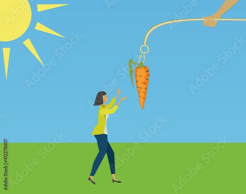 Dangling a carrot. Girl trying to catch it. Vector illustration. EPS10.